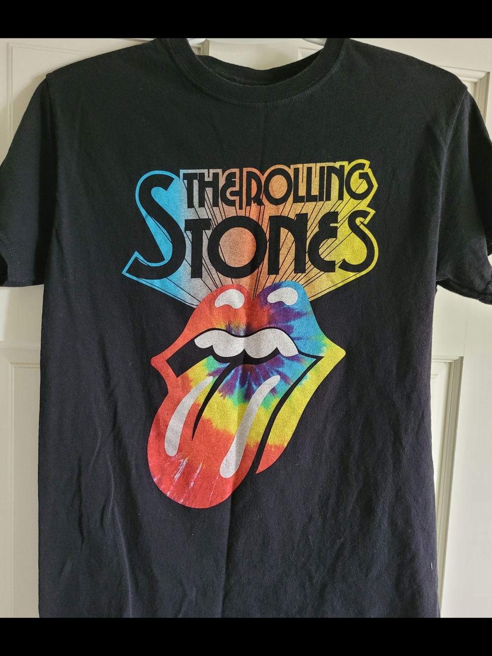 the Official Rolling Stones Black Tee with Rainbow Tongue Graphic